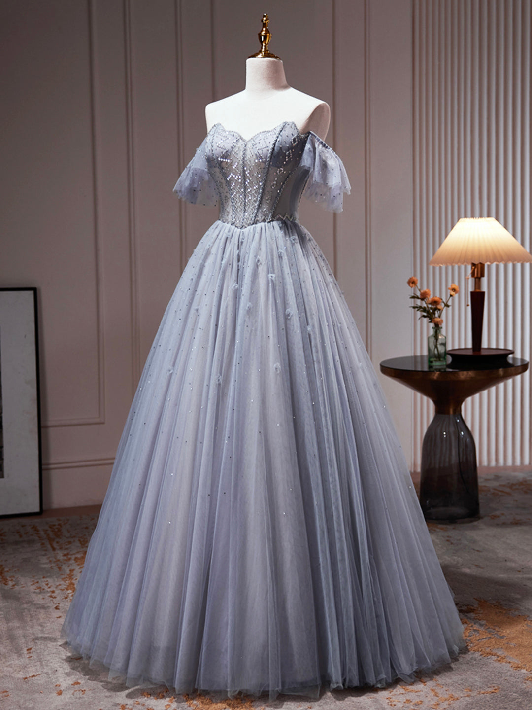 Roycebridal Yamileth | Gray Tulle Off Shoulder Beaded Party Dress, A-Line Tulle Formal Dress Prom Dress