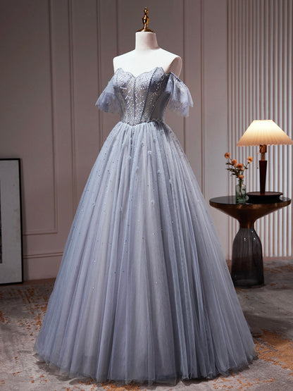 Roycebridal Yamileth | Gray Tulle Off Shoulder Beaded Party Dress, A-Line Tulle Formal Dress Prom Dress
