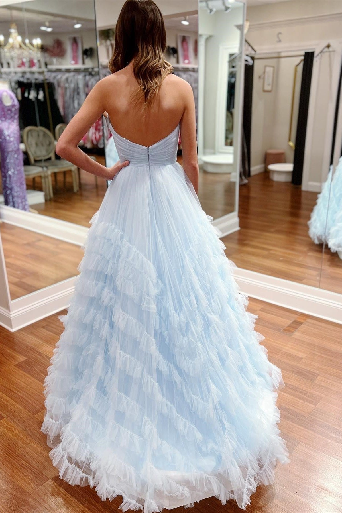 Roycebridal Light Blue Strapless Ruffle Long Prom Dress