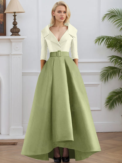 3/4 Length Sleeve Shirt Collar with Pocket Satin A Line  Formal Evening Dresses