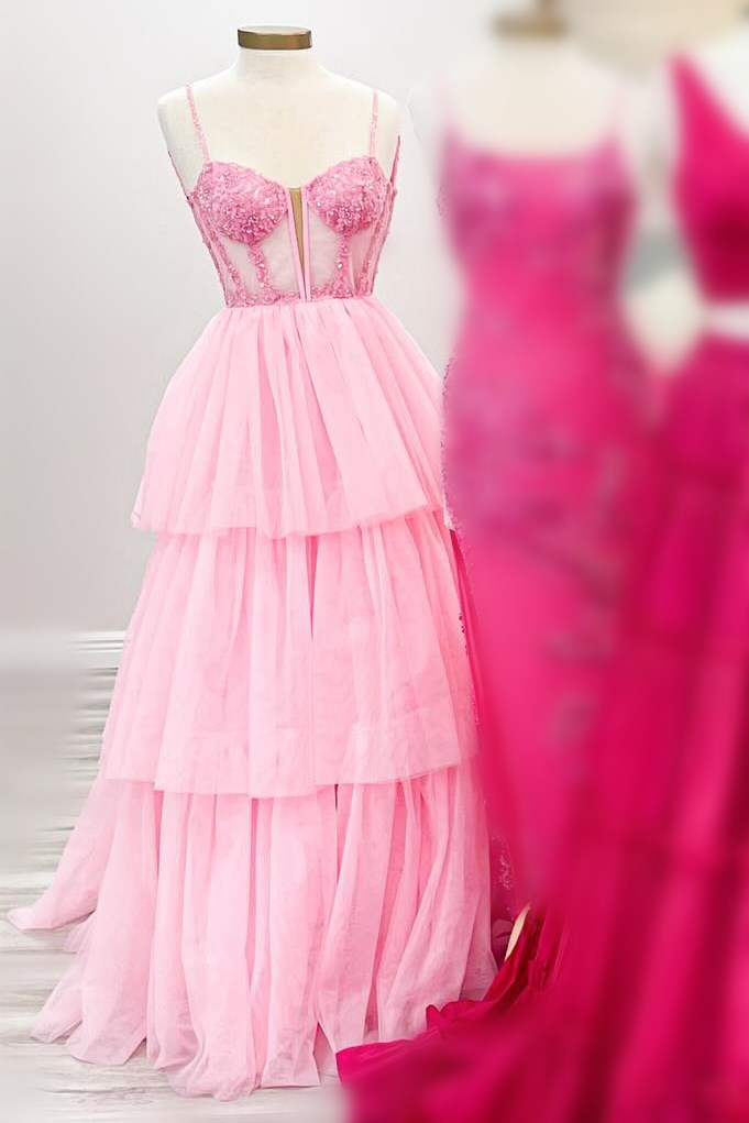 Tiered Ruffle Sequin-Embroidery Corset Long Prom Gown