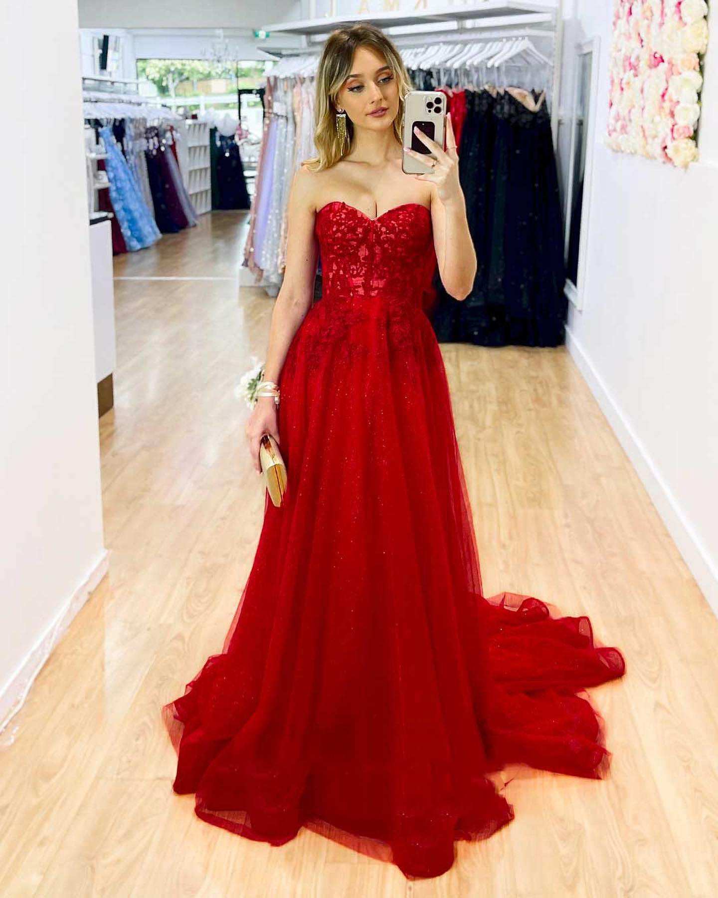 Roycebridal Red Strapless A-Line Long Prom Dress with Appliques