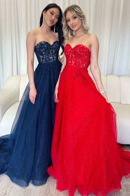Roycebridal Red Strapless A-Line Long Prom Dress with Appliques