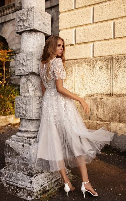 Boho Floral Short Sleeves Midi Lace Button A-Line Wedding Dress Custom Made Customized