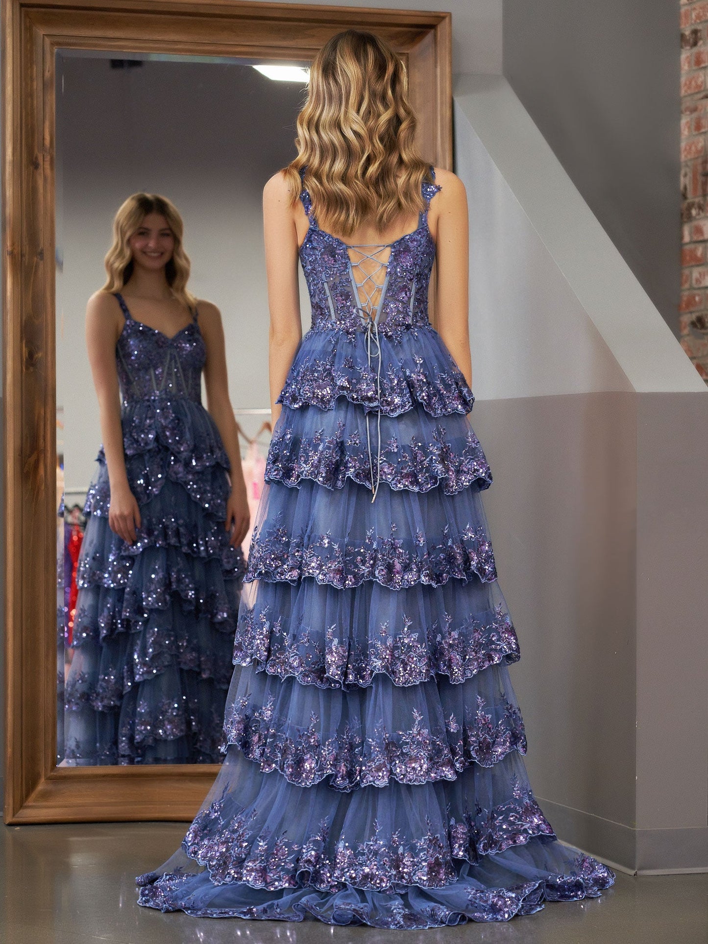 Roycebridal Grey Blue Princess A Line Off the Shoulder Corset Prom Dress with Lace Ruffles