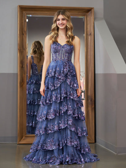 Roycebridal Grey Blue Princess A Line Off the Shoulder Corset Prom Dress with Lace Ruffles