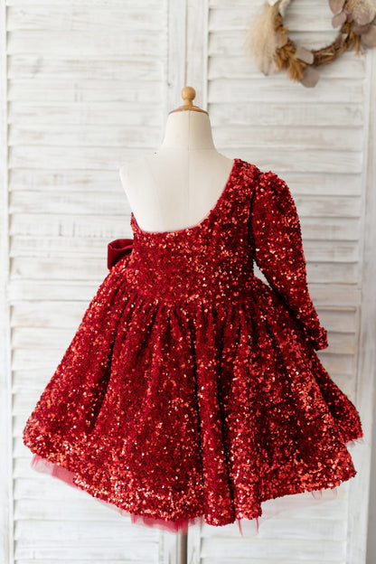 One Shoulder Burgundy Sequin Long Sleeves Wedding Flower 