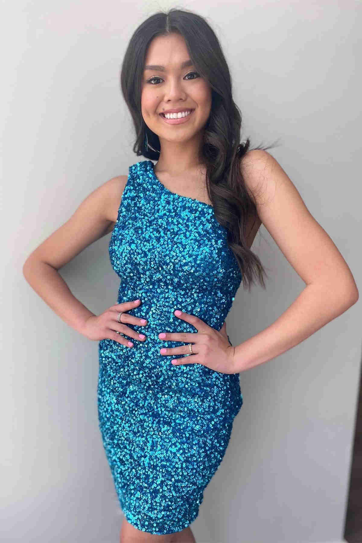 Zelda |Enges, himmelblaues Homecoming-Kleid mit einer Schulter