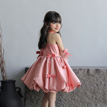 Roycebridal Elegant Pink Arabic Flower Girl Dresses with Glove Dubai Backless for Kids Wedding Birthday Holiday Party Gown J100