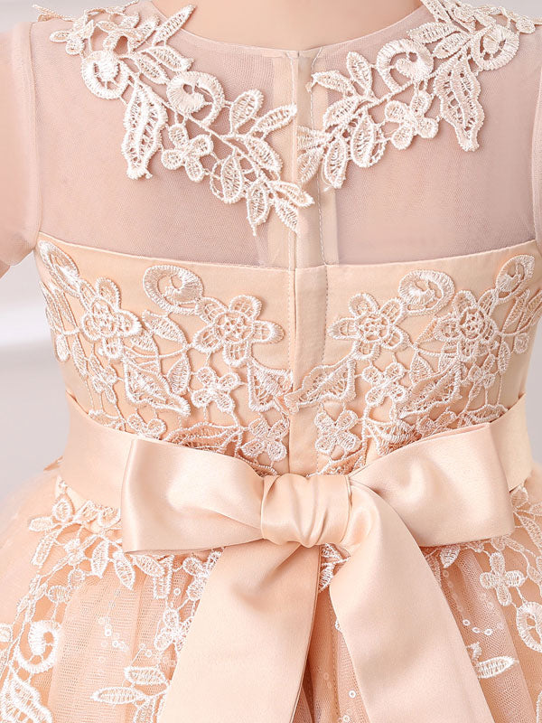 Pink Jewel Neck Half Sleeves Ankle-Length Lace Princess Bows Formal Kids Pageant flower girl dresses-showprettydress