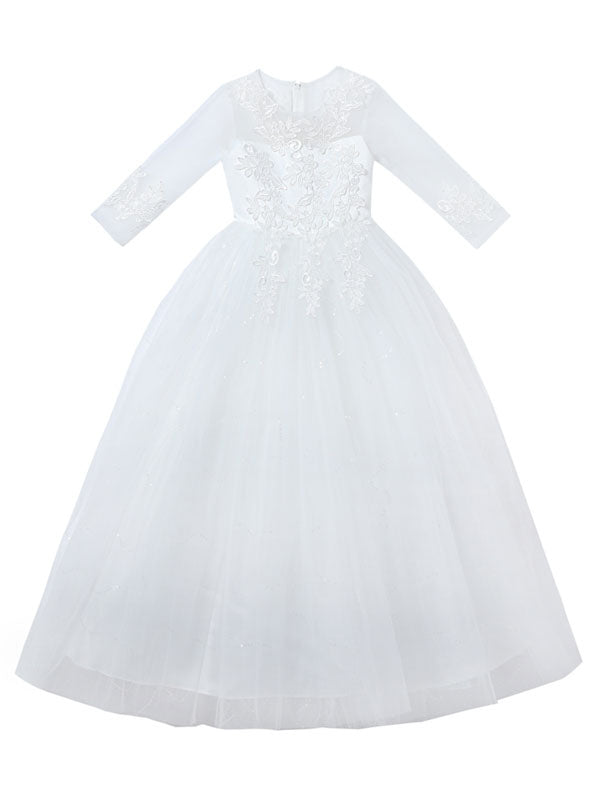 Pink Jewel Neck Half Sleeves Ankle-Length Lace Princess Bows Formal Kids Pageant flower girl dresses-showprettydress