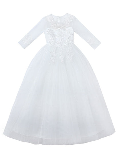 Pink Jewel Neck Half Sleeves Ankle-Length Lace Princess Bows Formal Kids Pageant flower girl dresses-showprettydress
