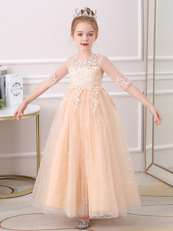 Pink Jewel Neck Half Sleeves Ankle-Length Lace Princess Bows Formal Kids Pageant flower girl dresses-showprettydress