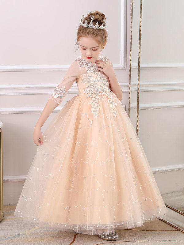 Pink Jewel Neck Half Sleeves Ankle-Length Lace Princess Bows Formal Kids Pageant flower girl dresses-showprettydress