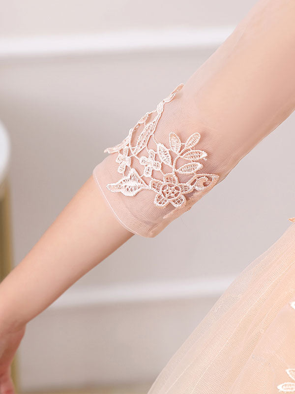 Pink Jewel Neck Half Sleeves Ankle-Length Lace Princess Bows Formal Kids Pageant flower girl dresses-showprettydress