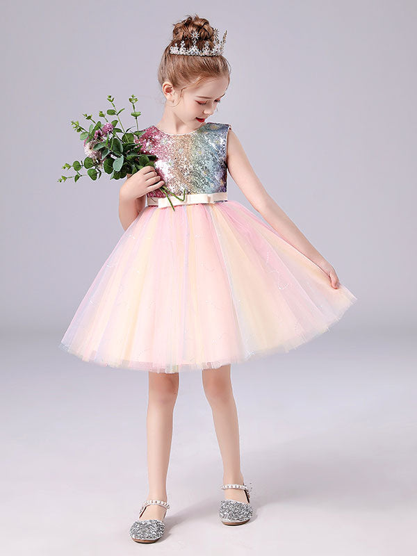 Pink Jewel Neck Sleeveless Bows Kids Social Party Dresses Sequined Tulle Short Dress-showprettydress