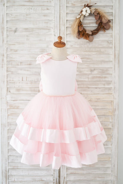 Pink Satin Tulle Cupcake Wedding Flower Girl Dress with Bow