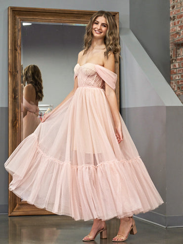 Roycebridal Nova | A-Line Rose Pink Tulle Sweetheart Tea-Length Prom Dress