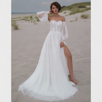 Boho Sweetheart Neck Long Puff Sleeve Lace Top A Line Wedding Dress