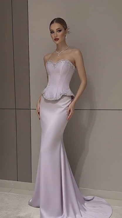 Elegant Strapless Satin Prom Dress with Pearl Corset Bodice Mermaid Evening Gown 2026