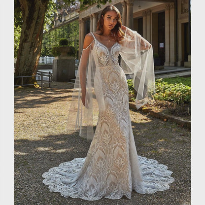 Boho V Neck Flare Sleeve Spaghetti Straps Open Back Full Lace Mermaid Wedding Dress