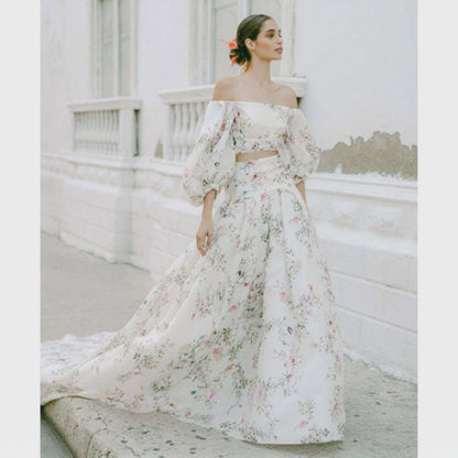 Boho Two-piece Set Bateau Neck Off the Shoulder Puff Sleeves Colorful Printed A Line Wedding Dress