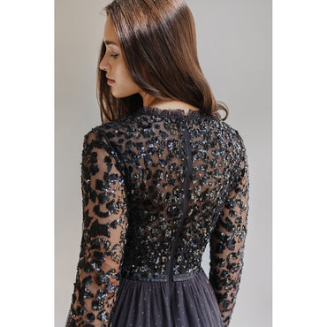 V Neck Long Sleeve Lace Beading Top A Line Gothic Black Wedding Dress