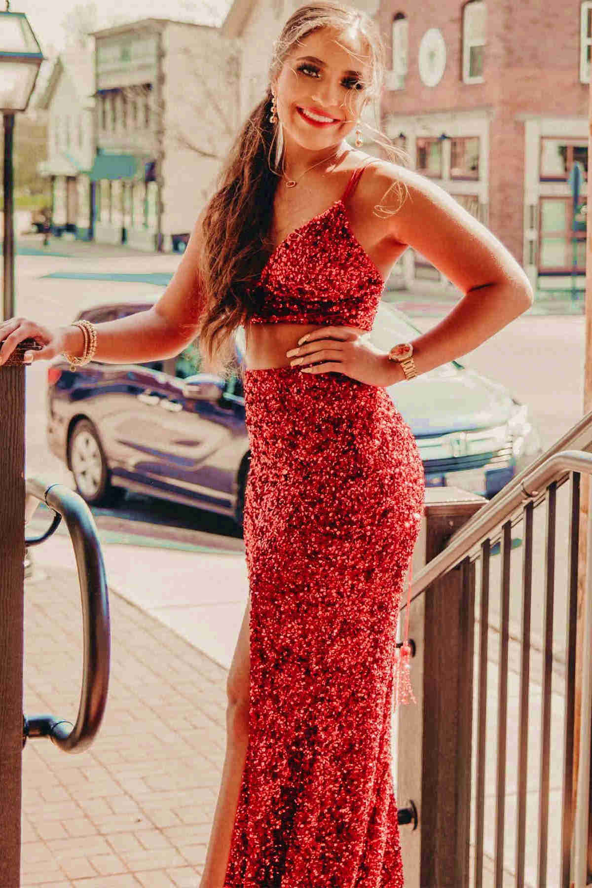 Roycebridal Briana |Two Piece Mermaid Sequins Prom Dress with Slit