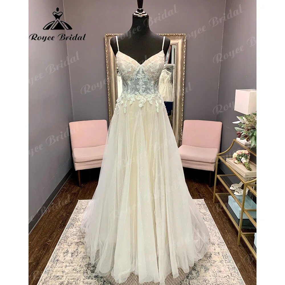 robe longue Lace Wedding Dress with V Neckline 2024 Spaghetti Straps Bridal Gown Backless vestido de novia Roycebridal Elegnat