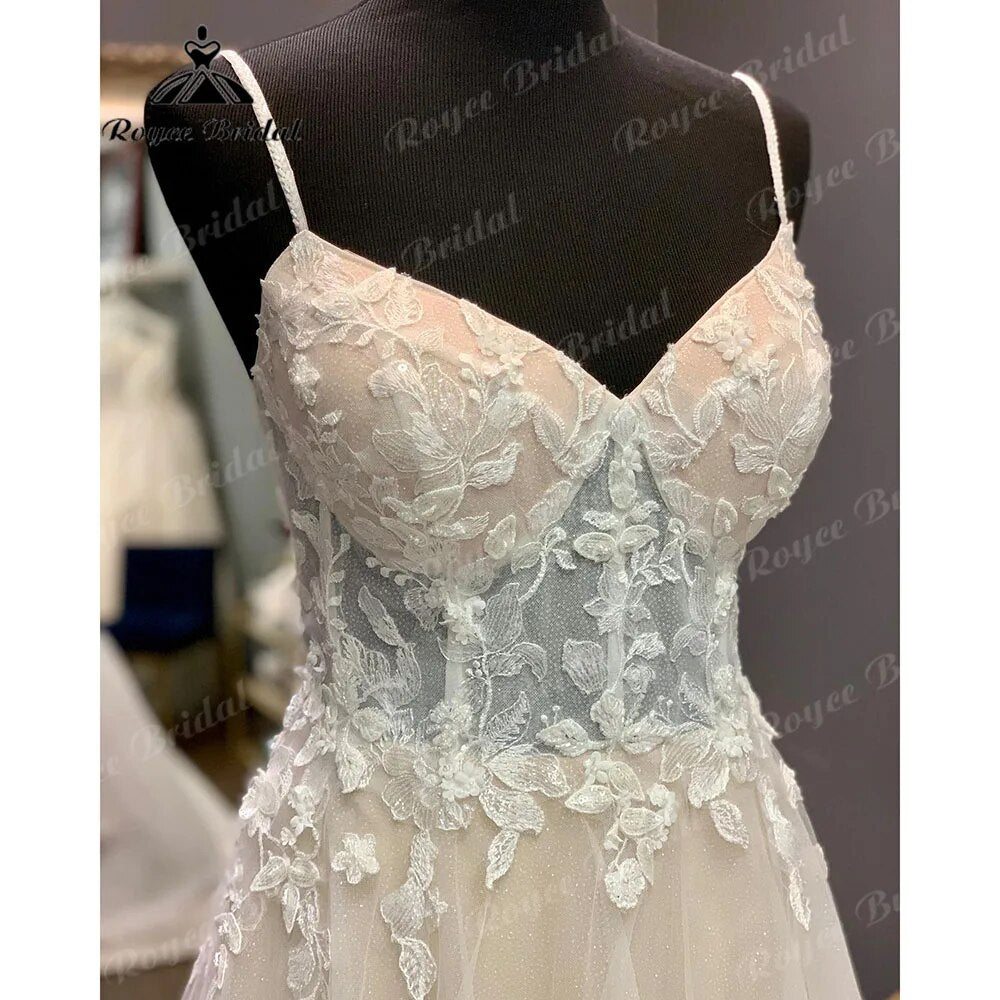 robe longue Lace Wedding Dress with V Neckline 2024 Spaghetti Straps Bridal Gown Backless vestido de novia Roycebridal Elegnat