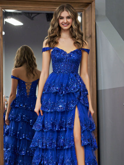 Roycebridal Royal Blue Princess A Line Off the Shoulder Corset Prom Dress with Lace Ruffles
