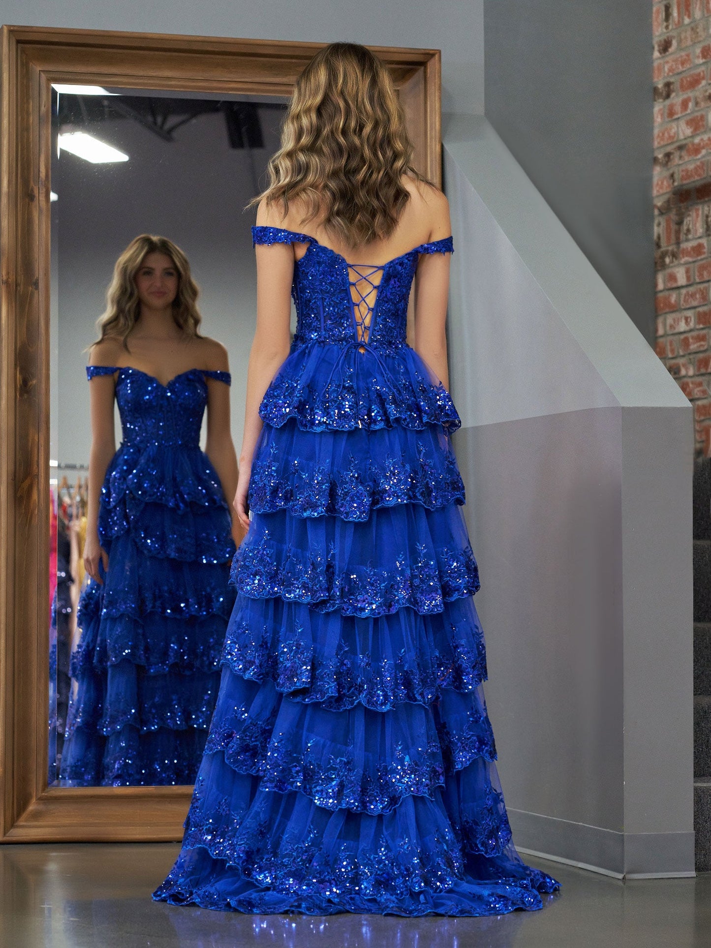 Roycebridal Royal Blue Princess A Line Off the Shoulder Corset Prom Dress with Lace Ruffles