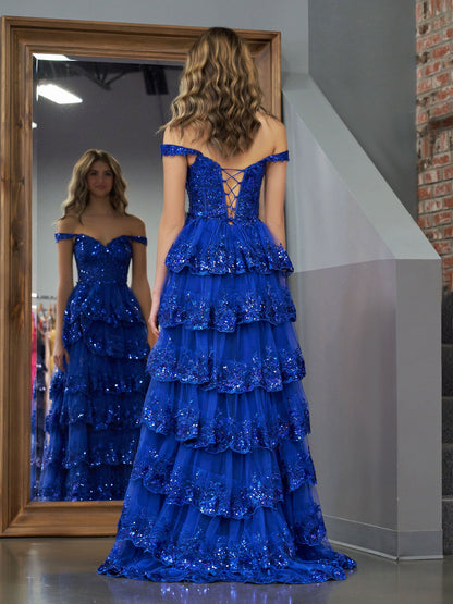 Roycebridal Royal Blue Princess A Line Off the Shoulder Corset Prom Dress with Lace Ruffles