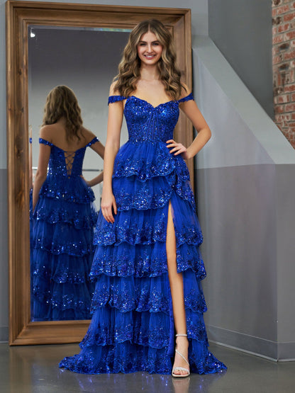 Roycebridal Royal Blue Princess A Line Off the Shoulder Corset Prom Dress with Lace Ruffles