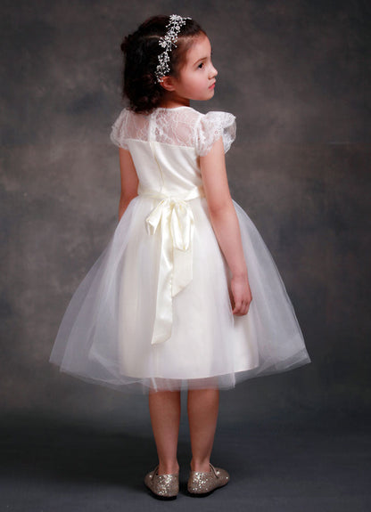 Satin Flower Girl'S Dress Ball Gown Illusion Neck Short Sleeves Girl'S Princess Formal Dress-showprettydress