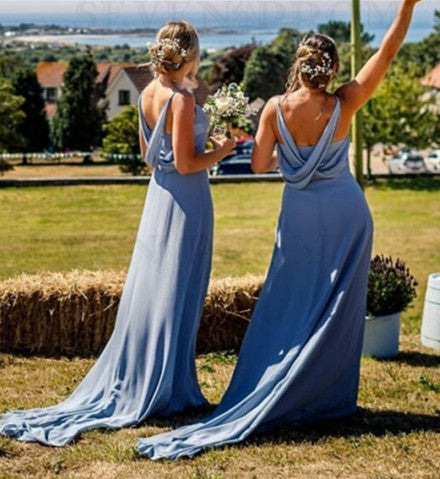 Roycebridal Simple V Neck Chiffon Navy Blue Bridesmaid Dresses Spaghetti Straps