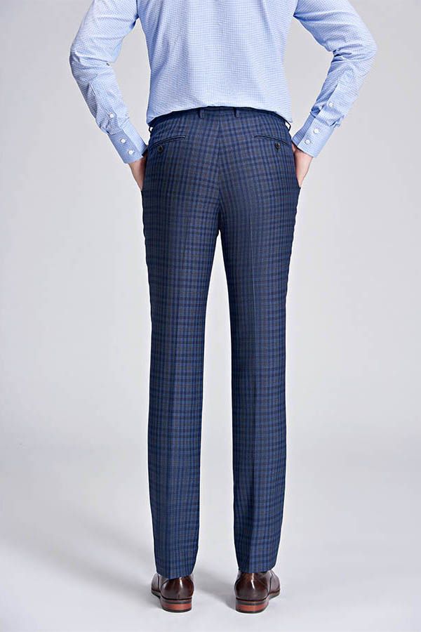 Small Checked Pattern Gentle Mens Suits Peak Lapel Blue Suits for Men-showprettydress