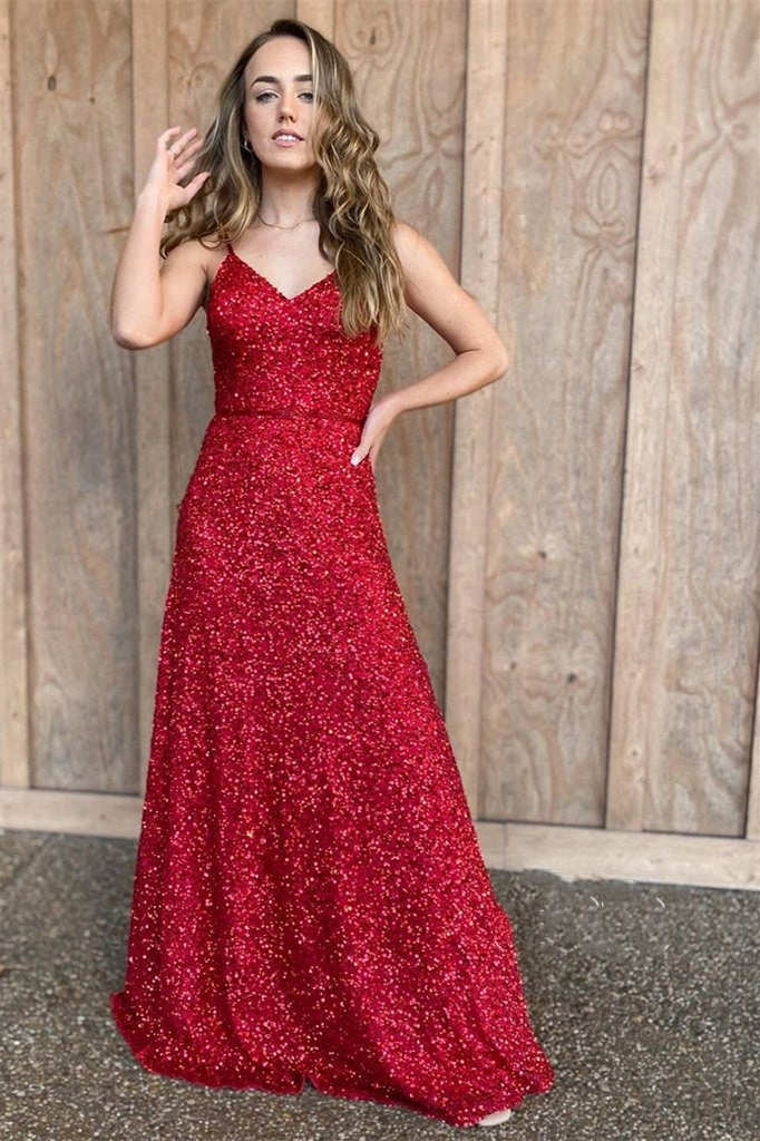 Roycebridal Spaghetti Straps Red Sequins Long Prom Dress