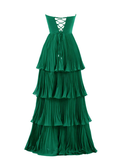 Roycebridal Khalani | Strapless Emerald Green Ruffle Multi-Layer Long Prom Dress