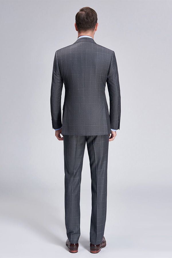 Superior Checked Notch Lapel Two Buttons Dark Grey Suits for Business Men-showprettydress