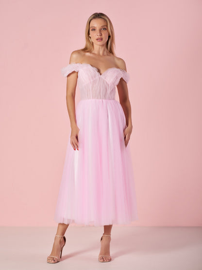 Roycebridal Sweetheart Neck Off the Shoulder Tea Length Tulle Prom Dress