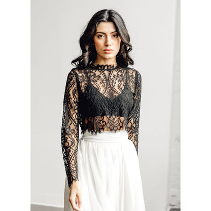 High Neck Long Sleeve Lace Top A Line Gothic Black Wedding Dress