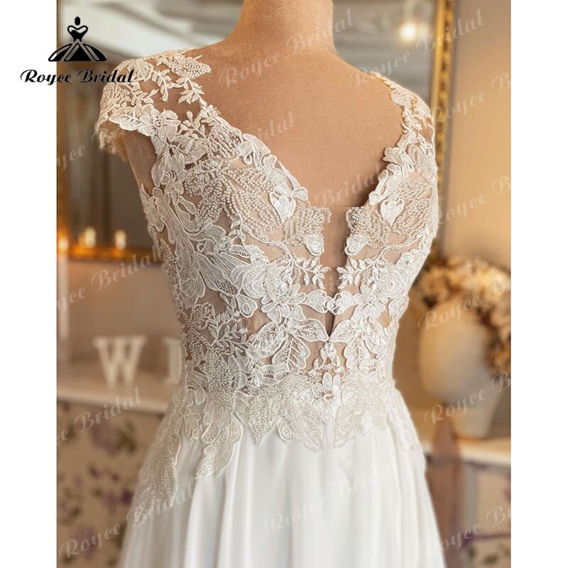 trouwjurk Champagne Wedding Dress Lace Bodice Applique Deep V Neck Lace Wedding Gown Custom Made Robe De Mariee Roycebridal 2022
