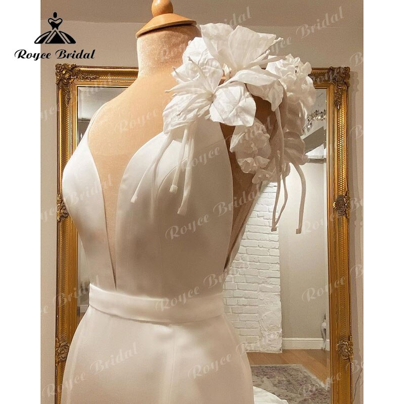 trouwjurk Sexy Spaghetti Straps Mermaid/Trumpet Wedding Dress with Flower Split Deep V Neck Backless Wedding Bridal Gown Custom