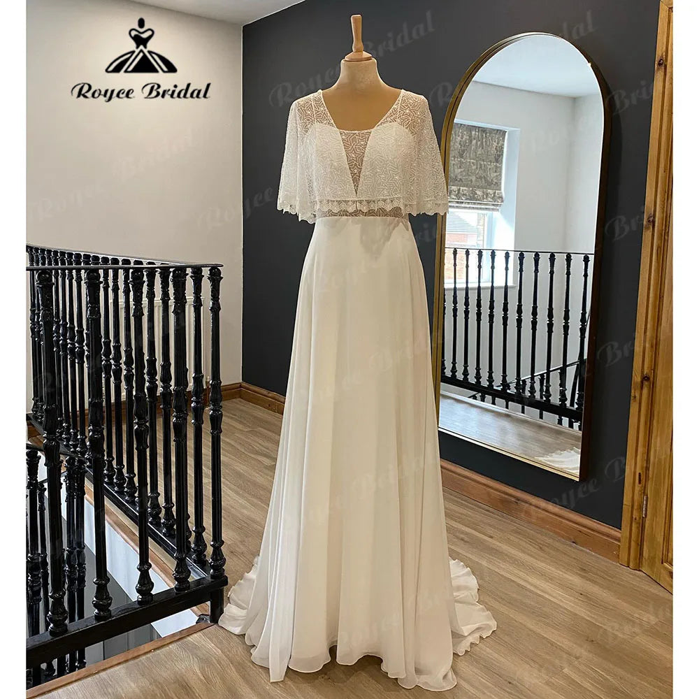 Vintage Lace Bodice Chiffon Boho Beach Wedding Dress for Bride 2024 Bohemian Wedding Gown