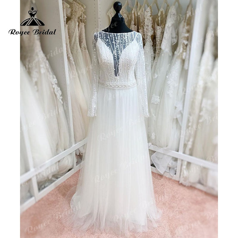 trouwjurk Vintage Long Sleeve Lace Tulle Wedding Dress Backless Sweep Train Beach Wedding Gown vestido de novia robe femme 2023
