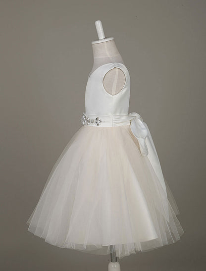 Tulle Satin V Neck Tutu Dress Ivory Beading Waist Sleeveless A-line Dinner Dress With Sash-showprettydress