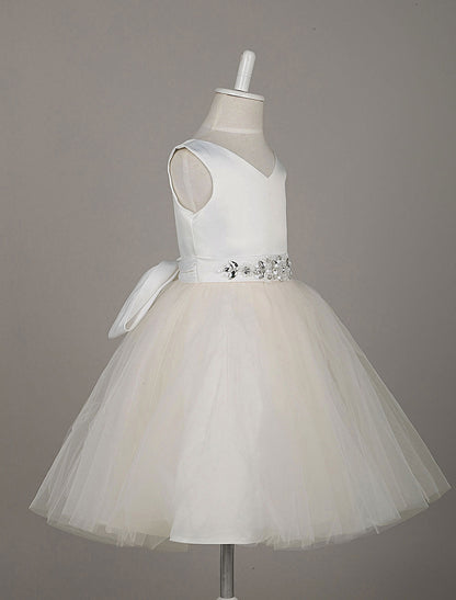Tulle Satin V Neck Tutu Dress Ivory Beading Waist Sleeveless A-line Dinner Dress With Sash-showprettydress