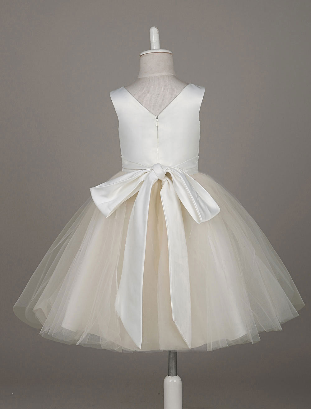Tulle Satin V Neck Tutu Dress Ivory Beading Waist Sleeveless A-line Dinner Dress With Sash-showprettydress
