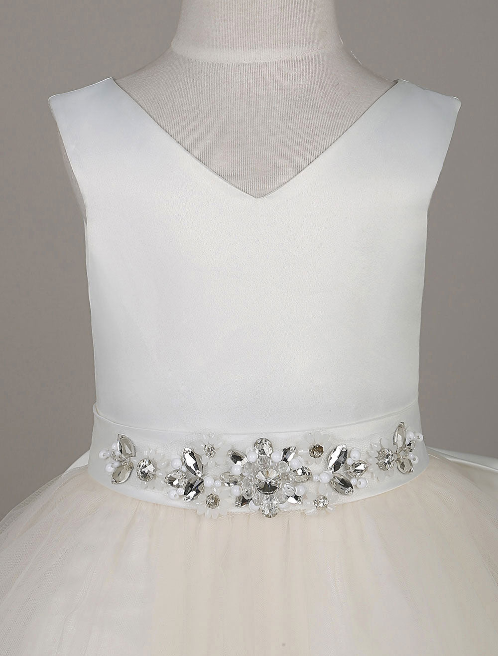 Tulle Satin V Neck Tutu Dress Ivory Beading Waist Sleeveless A-line Dinner Dress With Sash-showprettydress